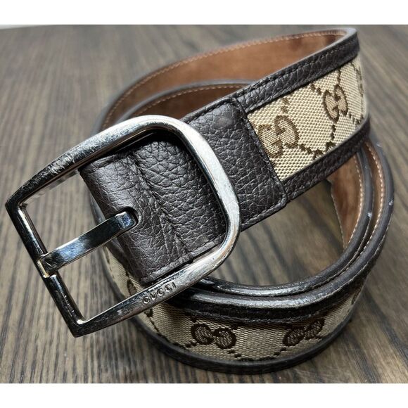 Gucci GG Canvas Mono Leather Palladium Silver Buckle Belt Brown Sz 34 - Picture 2 of 11